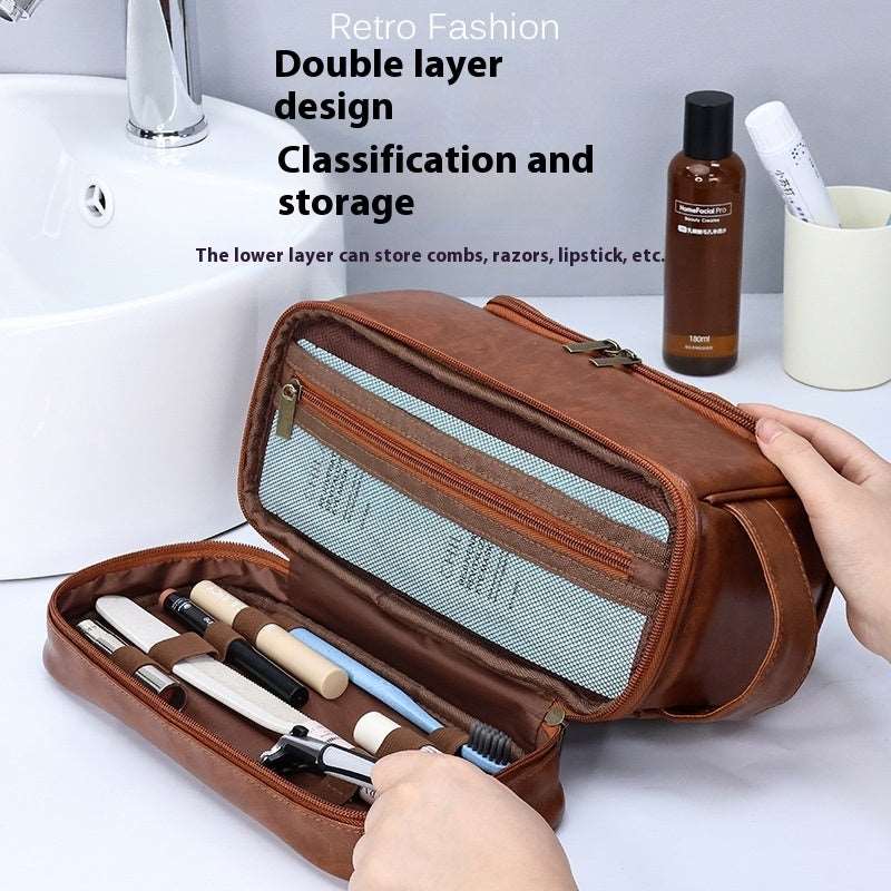 Leather Cosmetics Storage Bag Travel Toiletry Bag Portable Men's Business Simplicity Portable With Hook